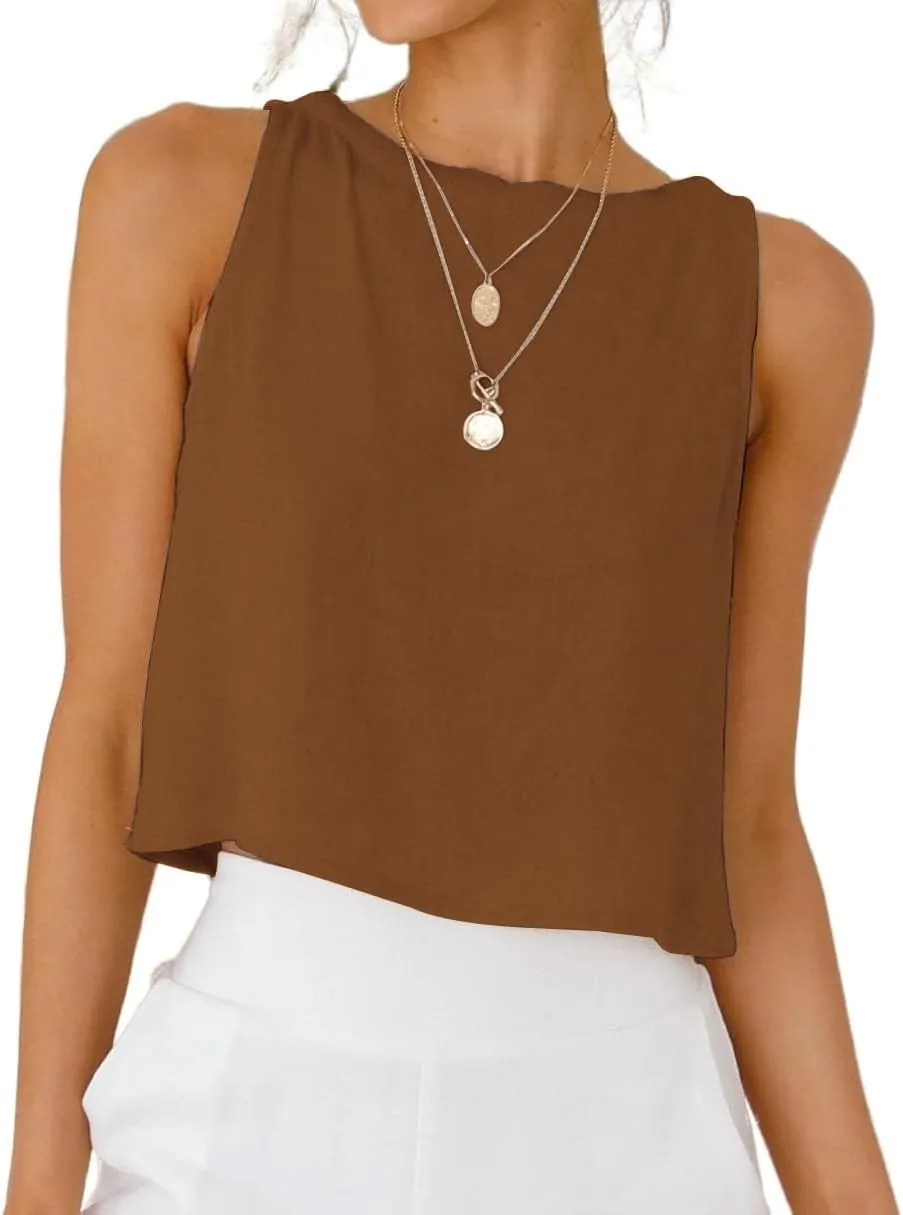 IDEALSANXUN Womens Linen Crop Tank Tops Cute Summer Sleeveless Cropped Linen Tops