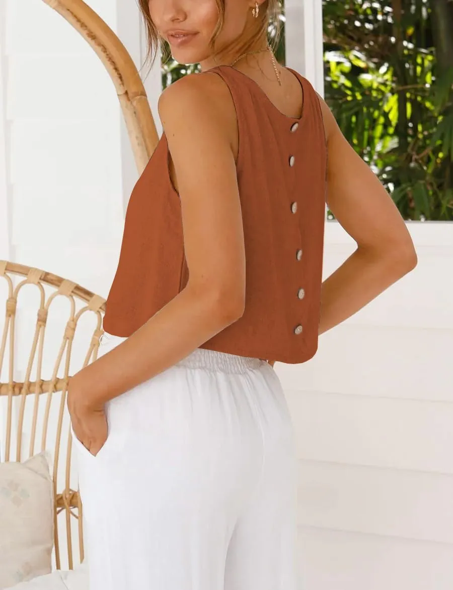 IDEALSANXUN Womens Linen Crop Tank Tops Cute Summer Sleeveless Cropped Linen Tops