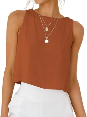 IDEALSANXUN Womens Linen Crop Tank Tops Cute Summer Sleeveless Cropped Linen Tops
