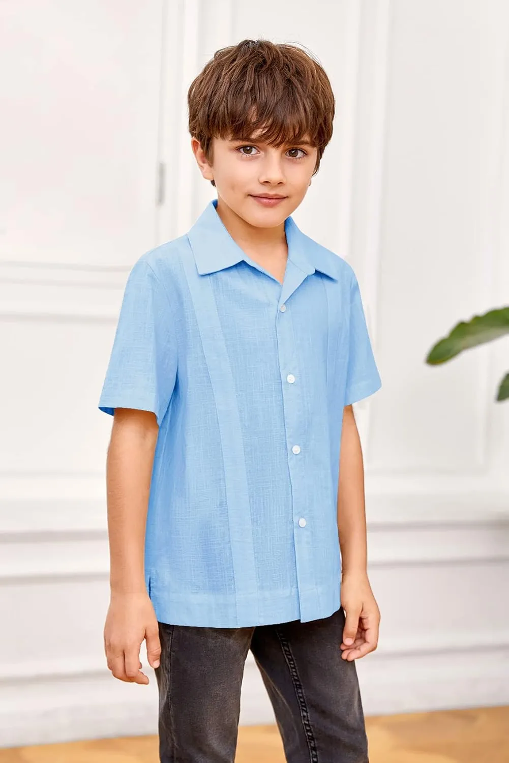 Kids Boys Linen Guayabera Shirts Short Sleeve Button Down Spread Collar Summer Solid Plain Cuban Tops