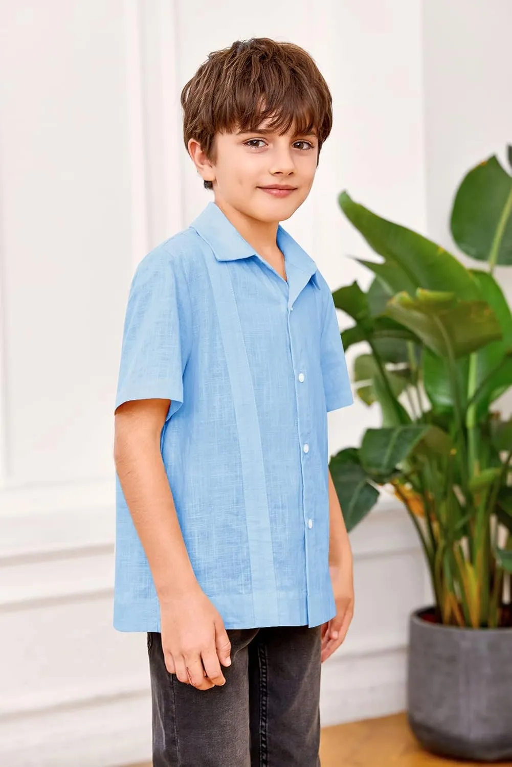 Kids Boys Linen Guayabera Shirts Short Sleeve Button Down Spread Collar Summer Solid Plain Cuban Tops