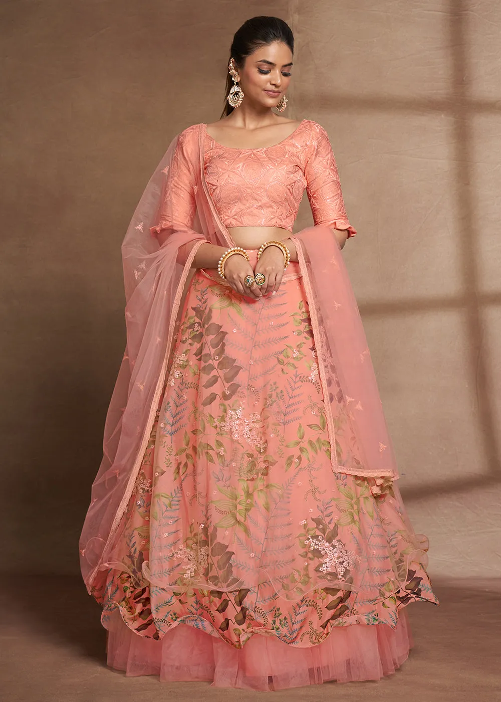 Lovely Peach Floral Digital Printed & Embroidered Lehenga Choli