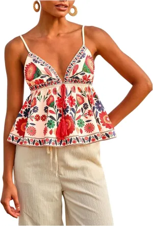 MakeMeChic Women's Paisley Print V Neck Camisole Spaghetti Strap Tie Front Ruffle Fringe Boho Tank Tops