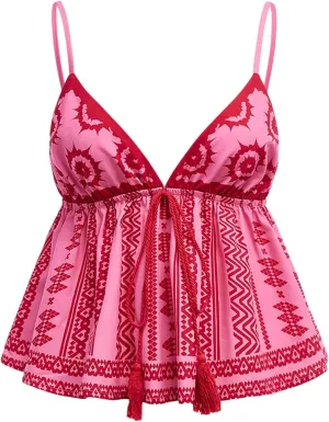 MakeMeChic Women's Paisley Print V Neck Camisole Spaghetti Strap Tie Front Ruffle Fringe Boho Tank Tops