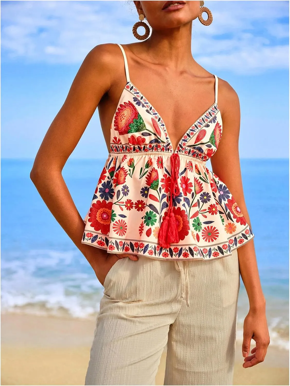 MakeMeChic Women's Paisley Print V Neck Camisole Spaghetti Strap Tie Front Ruffle Fringe Boho Tank Tops