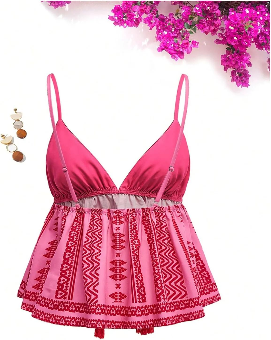 MakeMeChic Women's Paisley Print V Neck Camisole Spaghetti Strap Tie Front Ruffle Fringe Boho Tank Tops