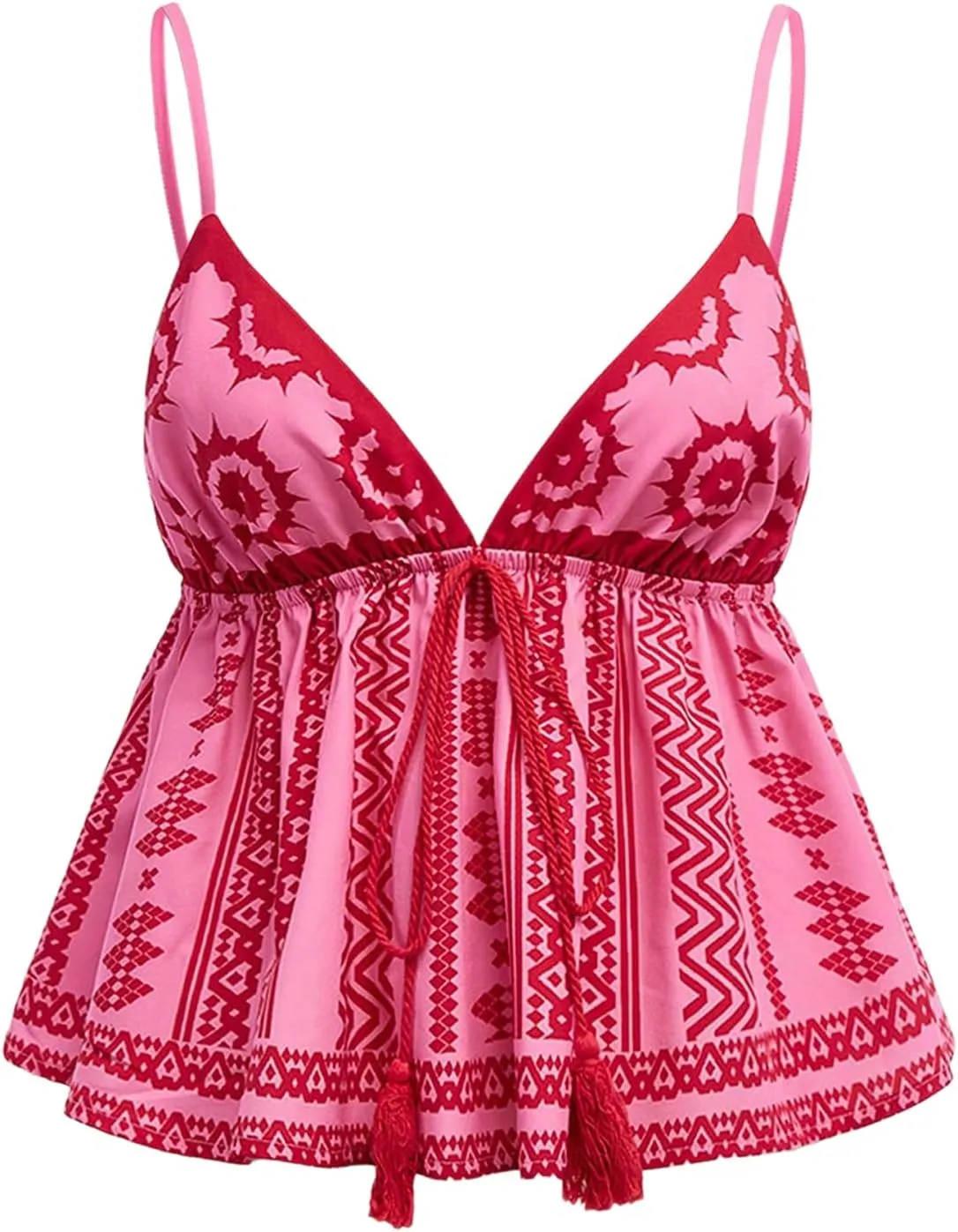 MakeMeChic Women's Paisley Print V Neck Camisole Spaghetti Strap Tie Front Ruffle Fringe Boho Tank Tops