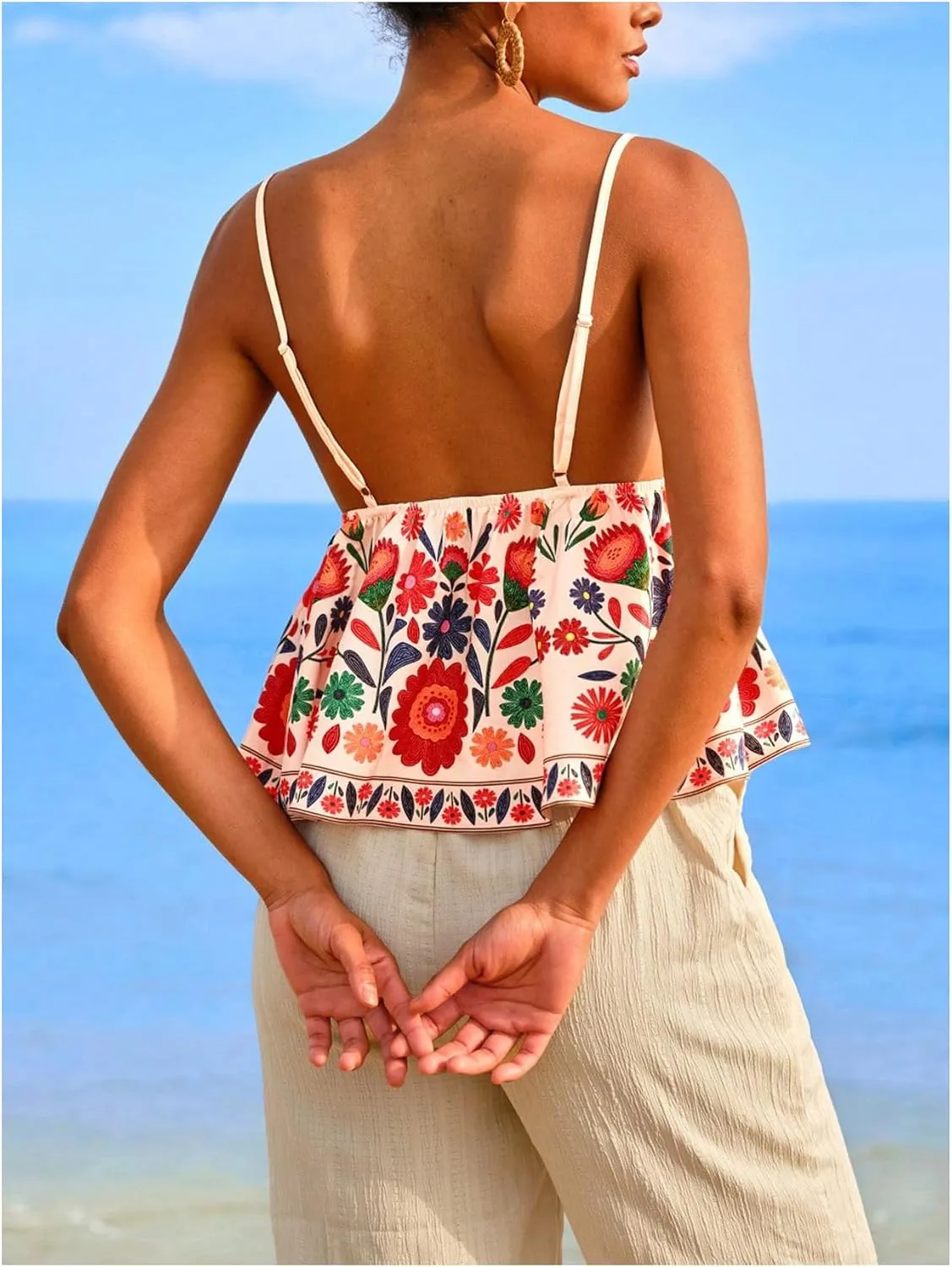 MakeMeChic Women's Paisley Print V Neck Camisole Spaghetti Strap Tie Front Ruffle Fringe Boho Tank Tops