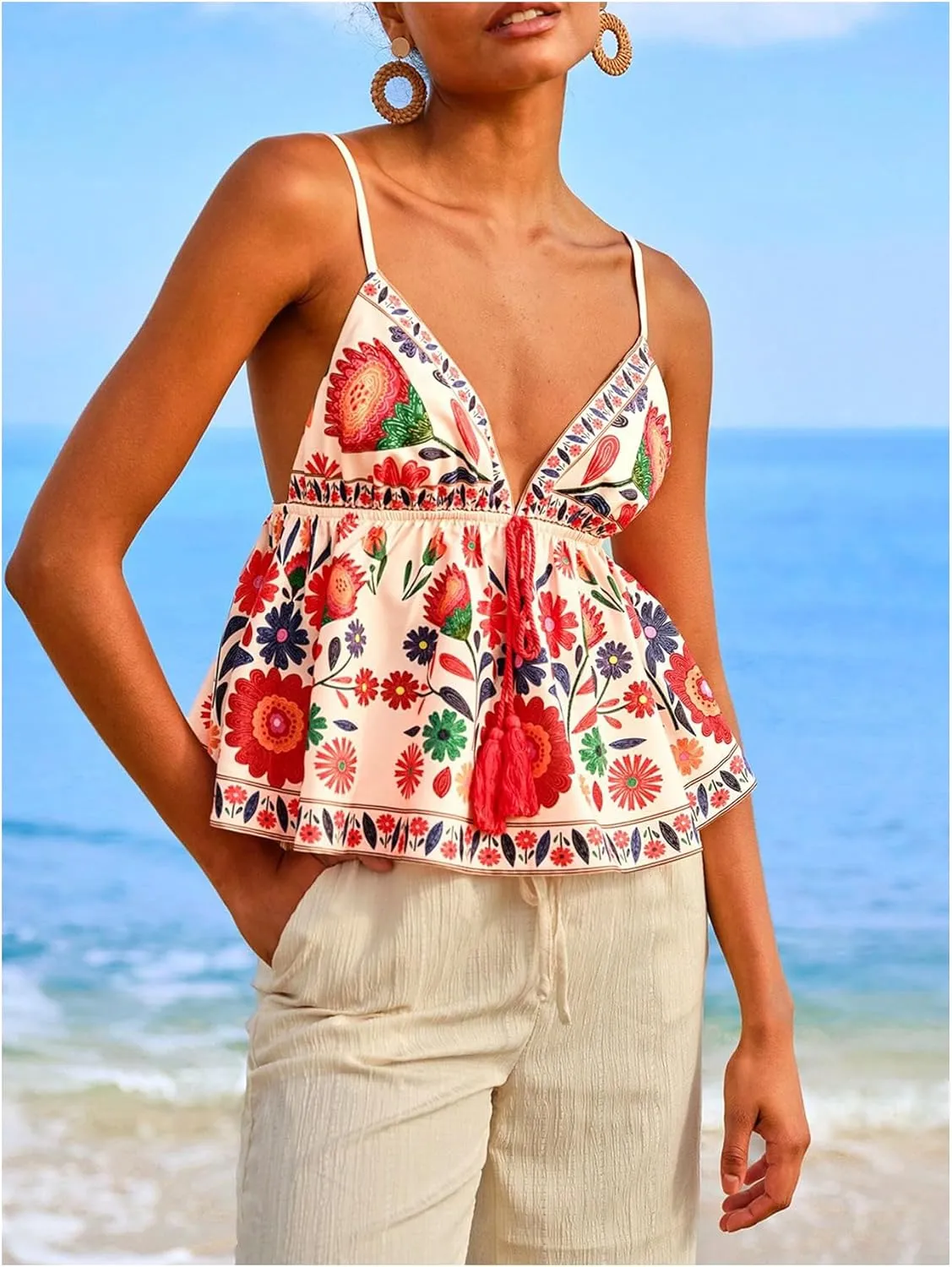MakeMeChic Women's Paisley Print V Neck Camisole Spaghetti Strap Tie Front Ruffle Fringe Boho Tank Tops