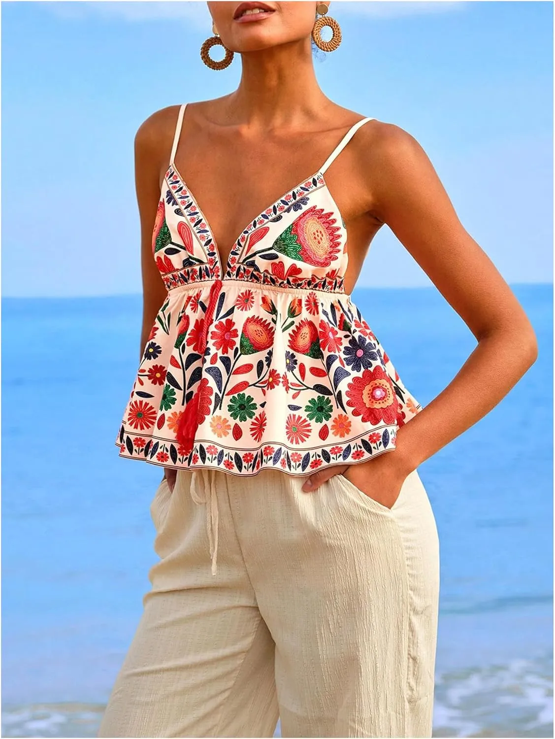 MakeMeChic Women's Paisley Print V Neck Camisole Spaghetti Strap Tie Front Ruffle Fringe Boho Tank Tops