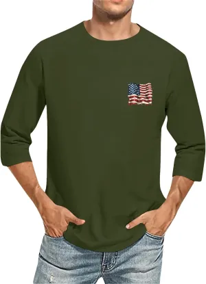 Men's 4th of July Shirts Men's Casual Crewneck 3/4 Sleeve Shirts Cotton Summer Tops Basic Pullover Workout Tees