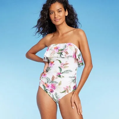New - Kona Sol Women's Bandeau Ruched One Piece Swimsuit Full Coverage Swimwear