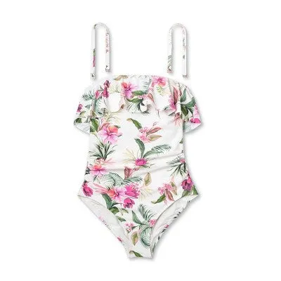 New - Kona Sol Women's Bandeau Ruched One Piece Swimsuit Full Coverage Swimwear
