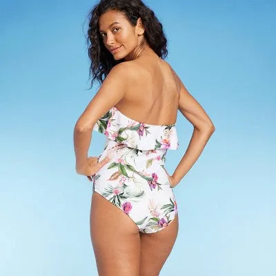 New - Kona Sol Women's Bandeau Ruched One Piece Swimsuit Full Coverage Swimwear