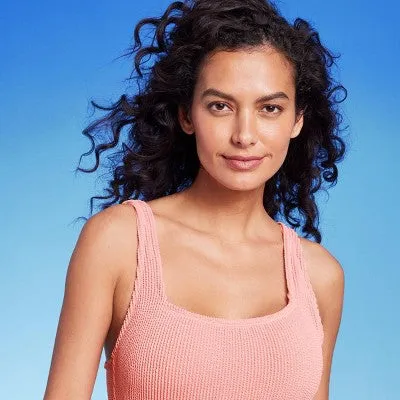 New - Women's Full Coverage Pucker Textured Square Neck One Piece Swimsuit - Kona Sol Coral Pink XS