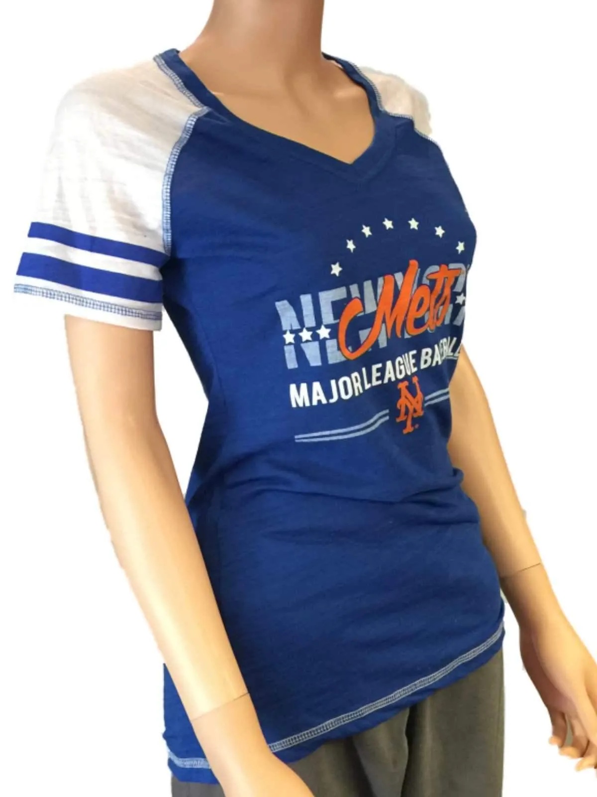 New York Mets SAAG Women Blue Light Baseball Tri-Blend V-Neck T-Shirt