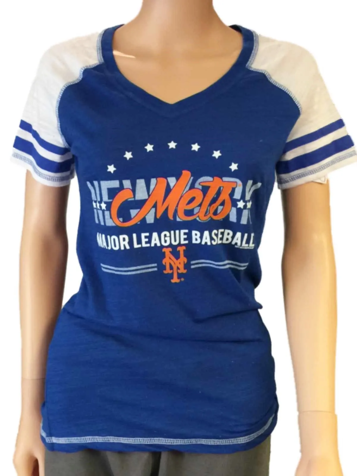 New York Mets SAAG Women Blue Light Baseball Tri-Blend V-Neck T-Shirt