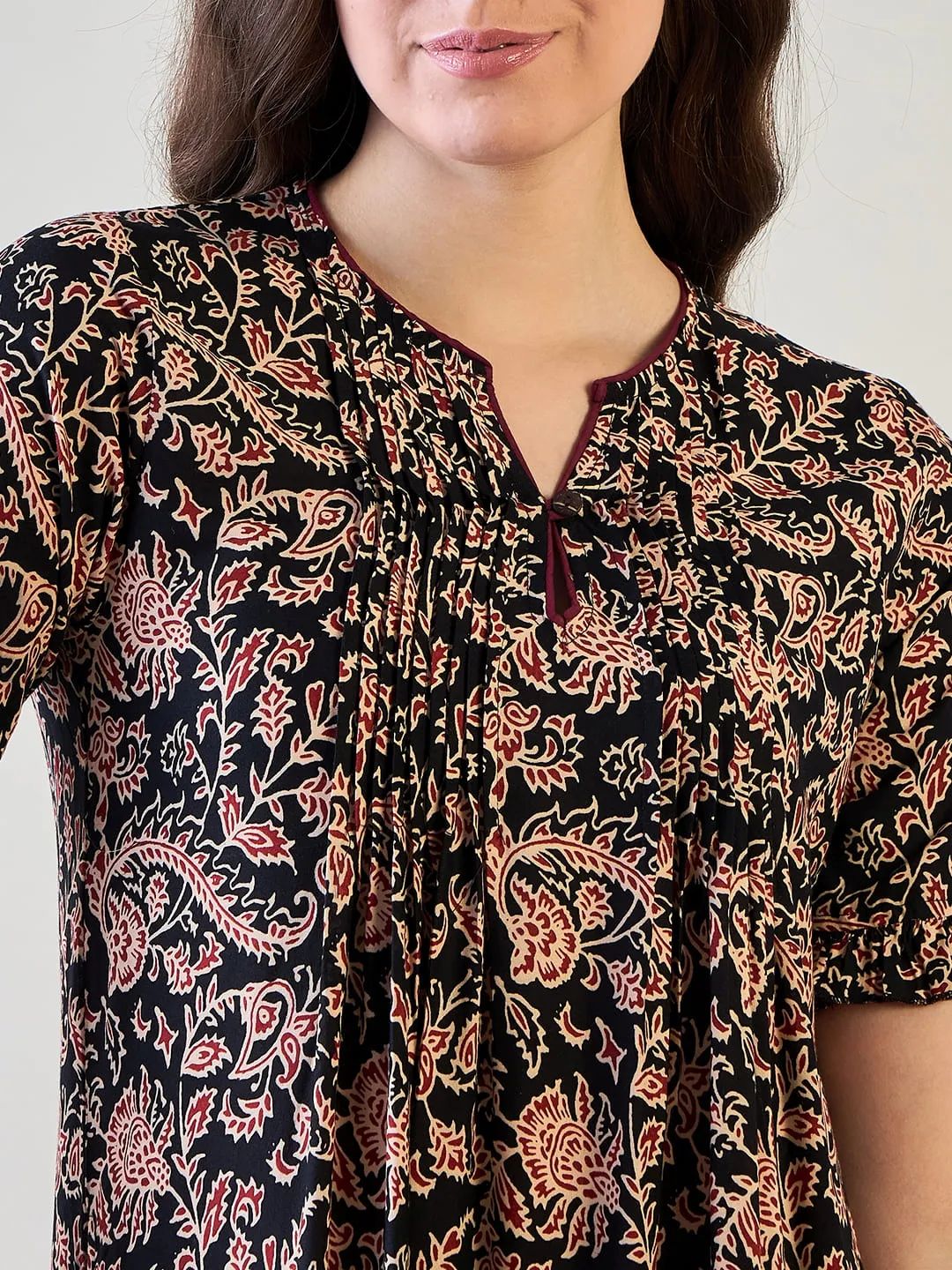 Paisley Black and Red Pin Tucks Night Dress