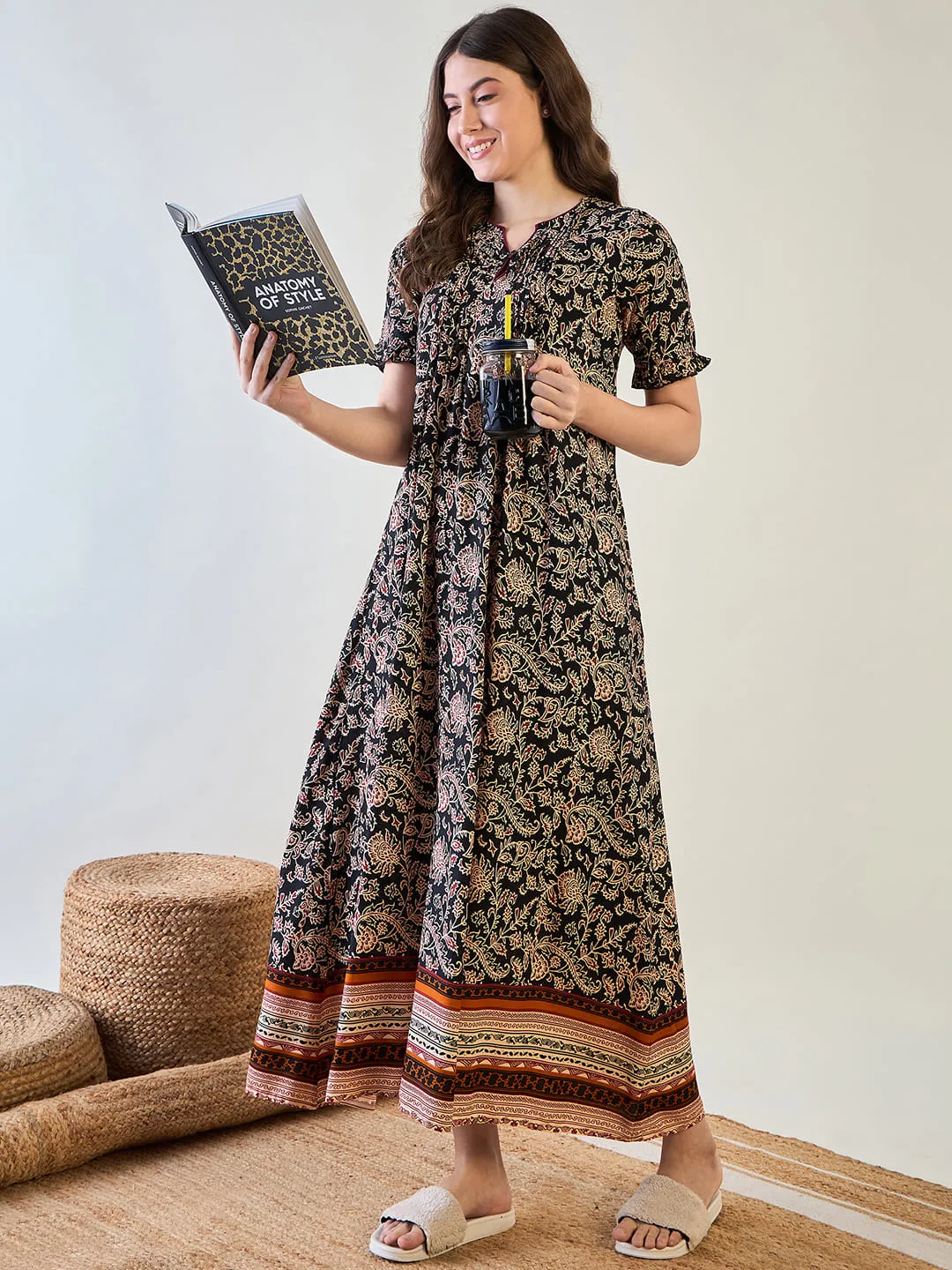 Paisley Black and Red Pin Tucks Night Dress