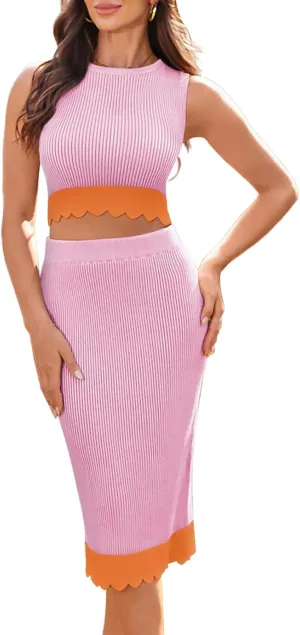 Pink Queen Summer Two Piece Skirt Set for Women Color Block Crop Tops Ribbed Bodycon Midi Dress