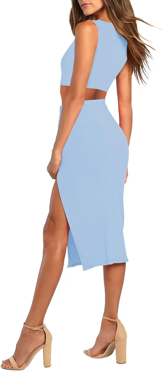 Pink Queen Women's 2 Piece Crew Neck Sleeveless Ribbed Tank Top Bodycon Slit Midi Skirt Outfit Dress Set
