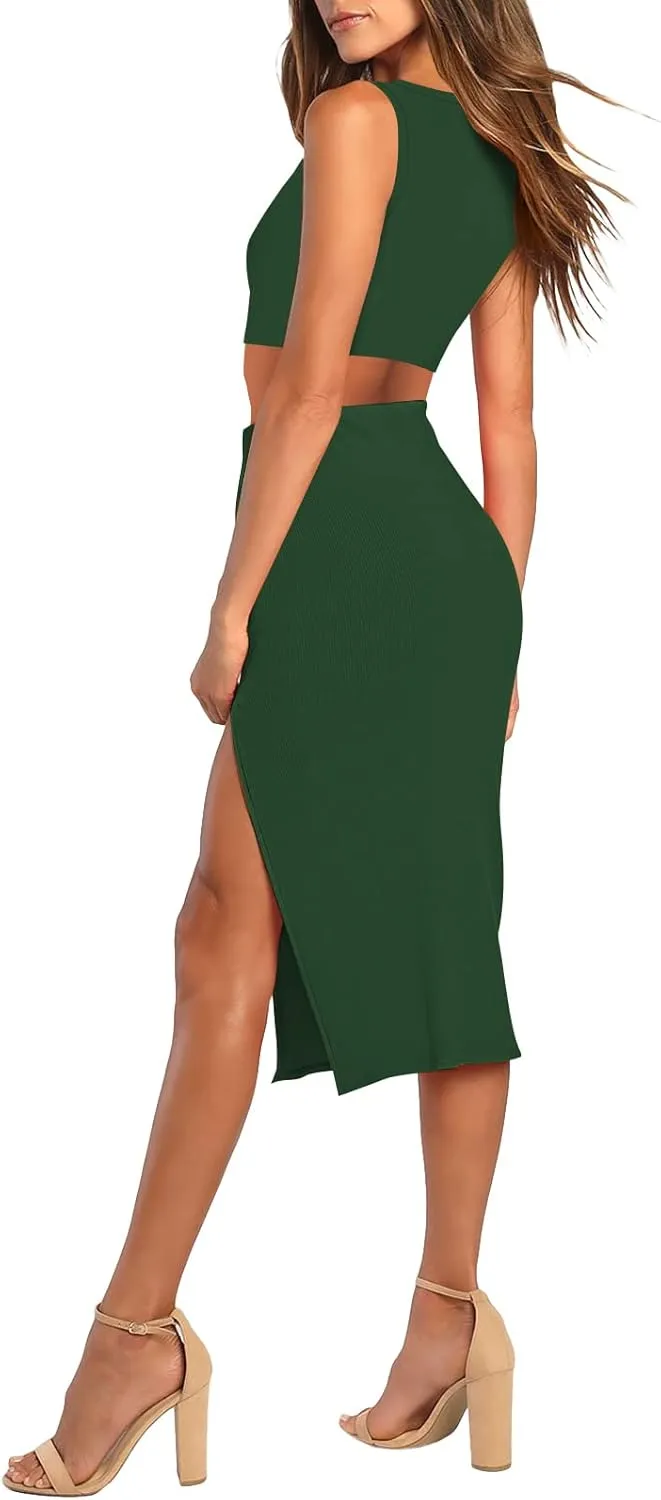 Pink Queen Women's 2 Piece Crew Neck Sleeveless Ribbed Tank Top Bodycon Slit Midi Skirt Outfit Dress Set