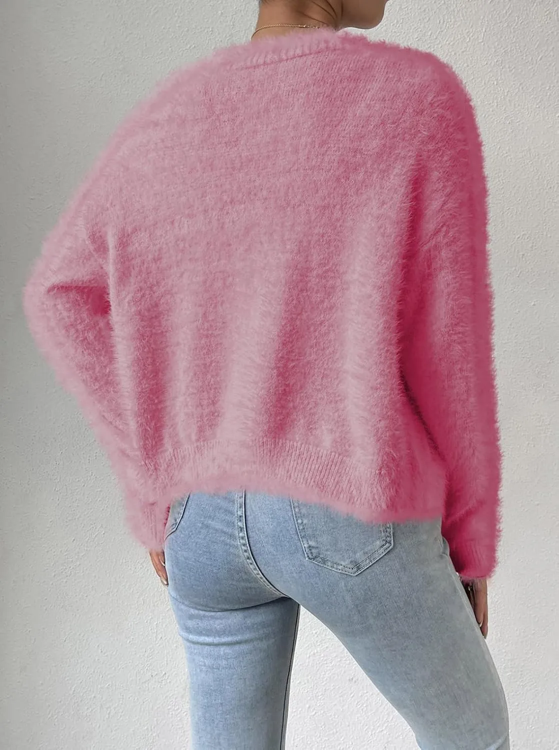 Pink Queen Women's Furry Cropped Cardigan Batwing Sleeves Open Front V-Neck Button Down Loose Casual Knit Sweater Coat