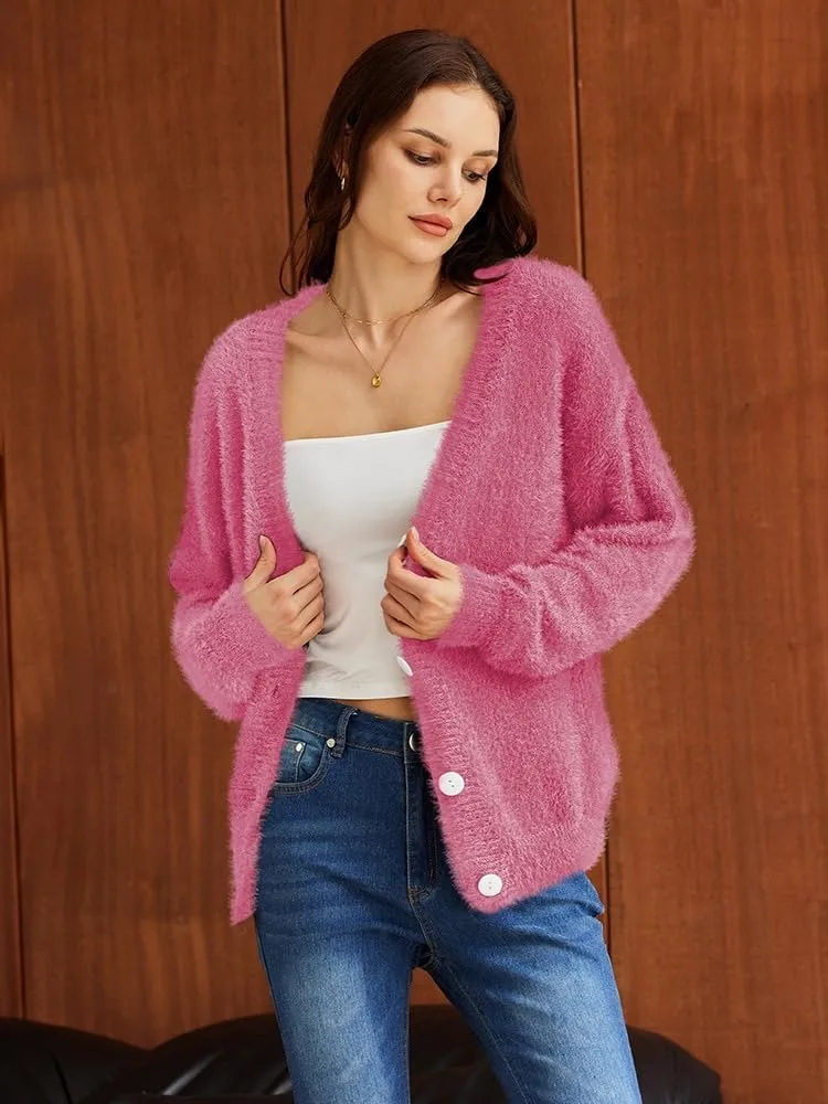 Pink Queen Women's Furry Cropped Cardigan Batwing Sleeves Open Front V-Neck Button Down Loose Casual Knit Sweater Coat