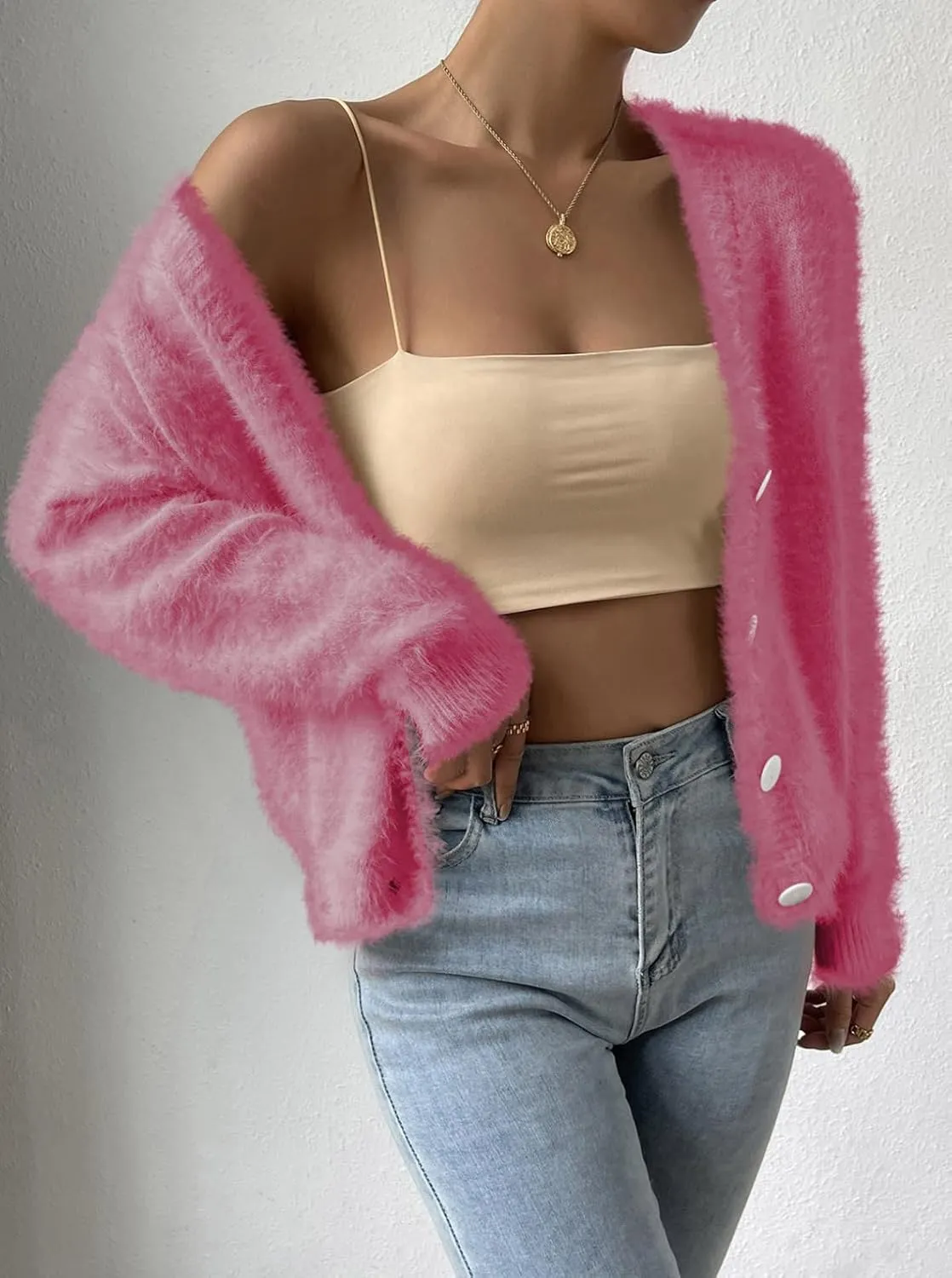 Pink Queen Women's Furry Cropped Cardigan Batwing Sleeves Open Front V-Neck Button Down Loose Casual Knit Sweater Coat