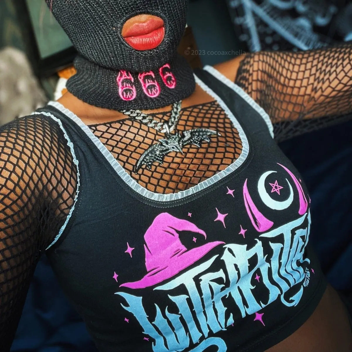 Pink Witch Bitch White Lace Crop Cami