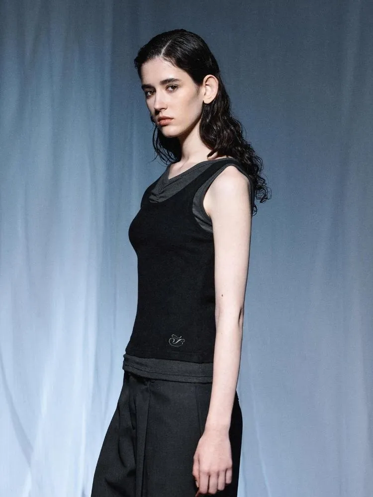 Pleated Embroidered Logo Patchwork False Two Piece Tank Top【s0000007921】