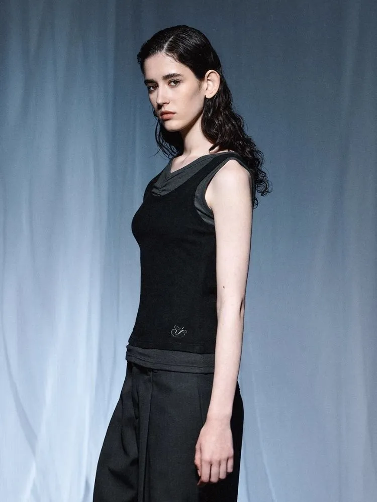 Pleated Embroidered Logo Patchwork False Two Piece Tank Top【s0000007921】