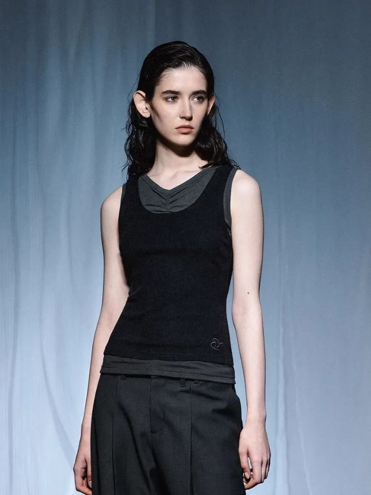 Pleated Embroidered Logo Patchwork False Two Piece Tank Top【s0000007921】