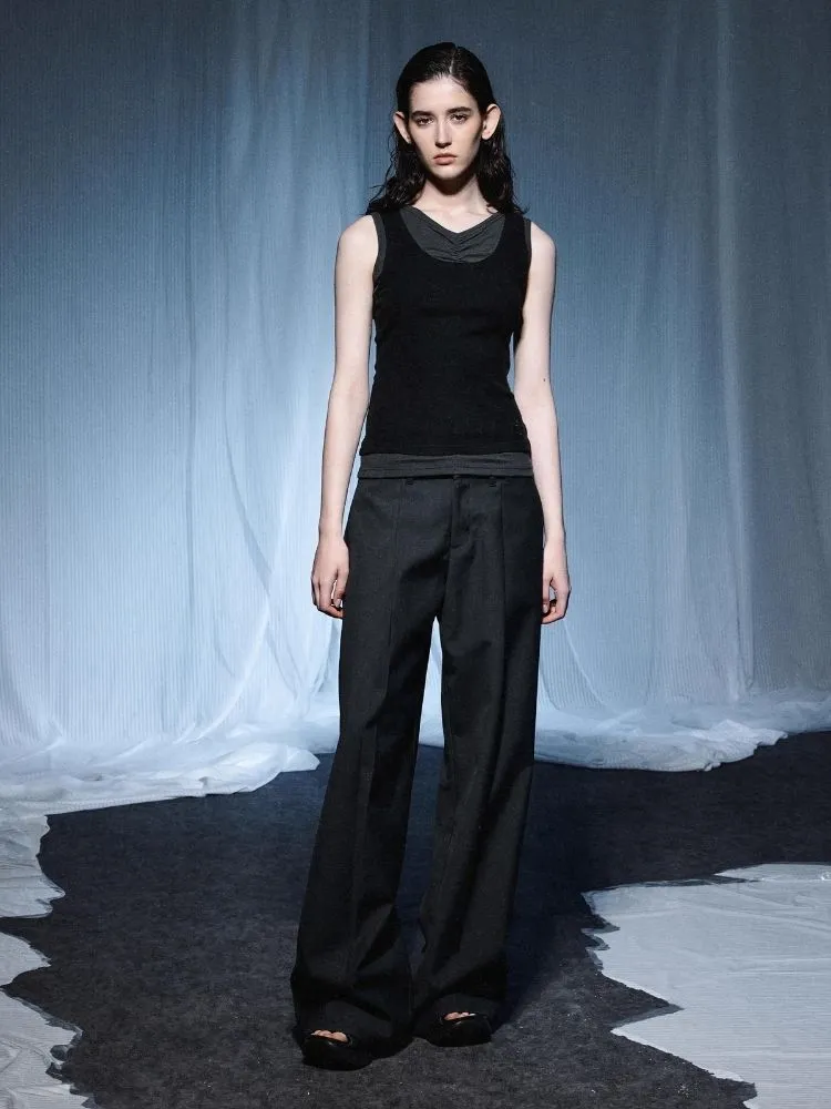 Pleated Embroidered Logo Patchwork False Two Piece Tank Top【s0000007921】