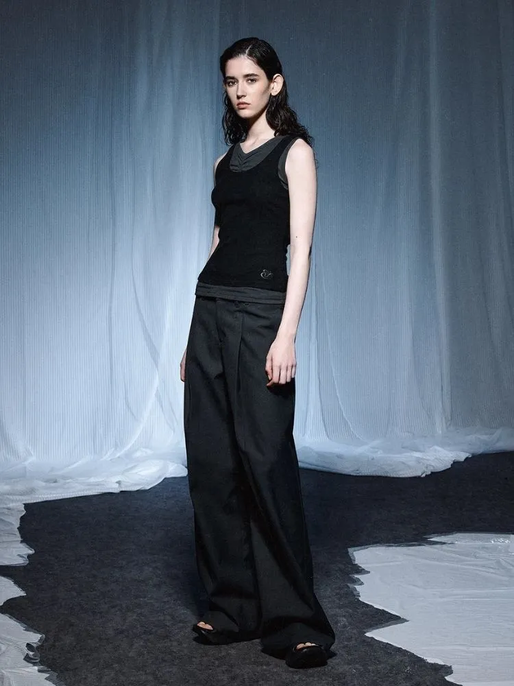 Pleated Embroidered Logo Patchwork False Two Piece Tank Top【s0000007921】