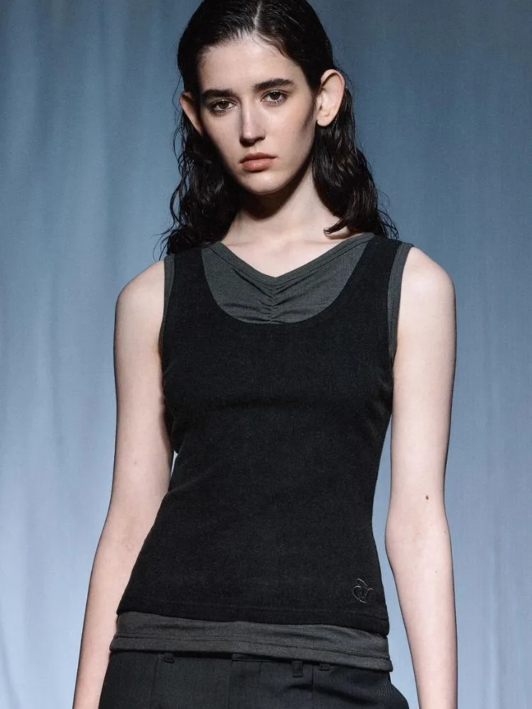 Pleated Embroidered Logo Patchwork False Two Piece Tank Top【s0000007921】