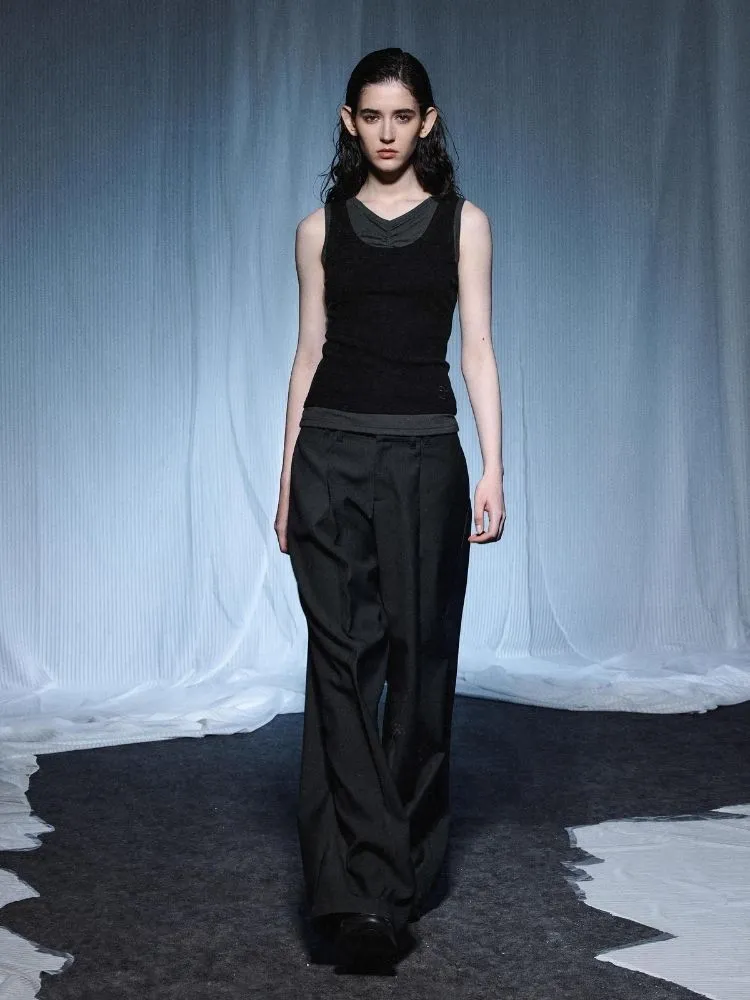 Pleated Embroidered Logo Patchwork False Two Piece Tank Top【s0000007921】