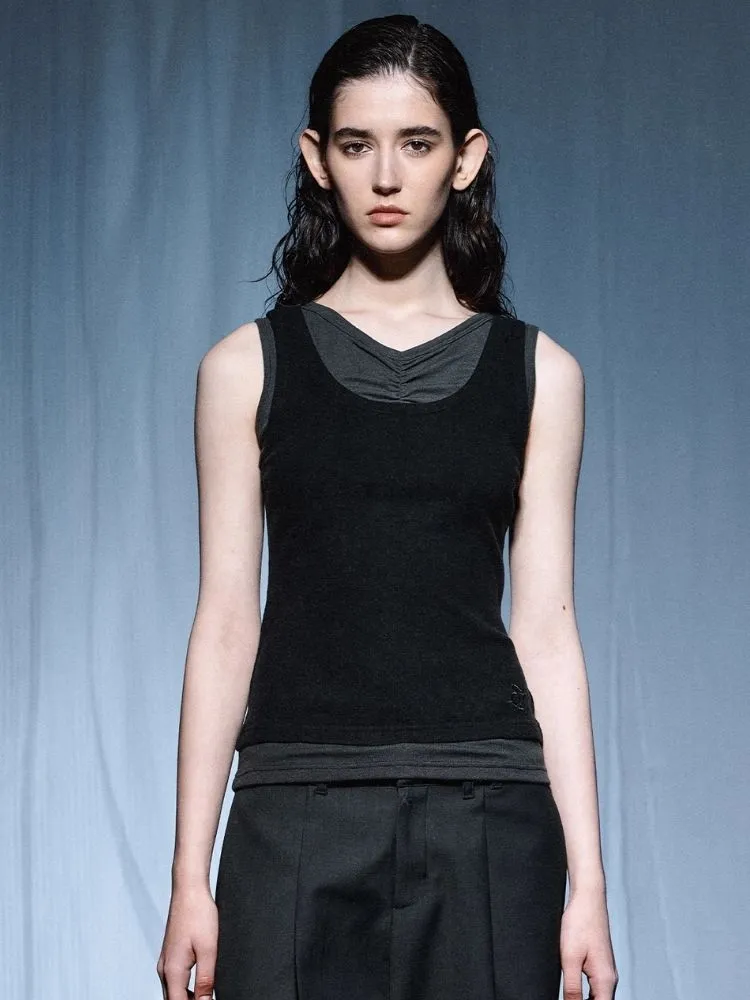 Pleated Embroidered Logo Patchwork False Two Piece Tank Top【s0000007921】