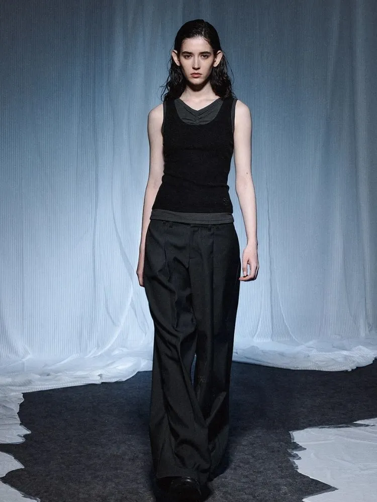 Pleated Embroidered Logo Patchwork False Two Piece Tank Top【s0000007921】
