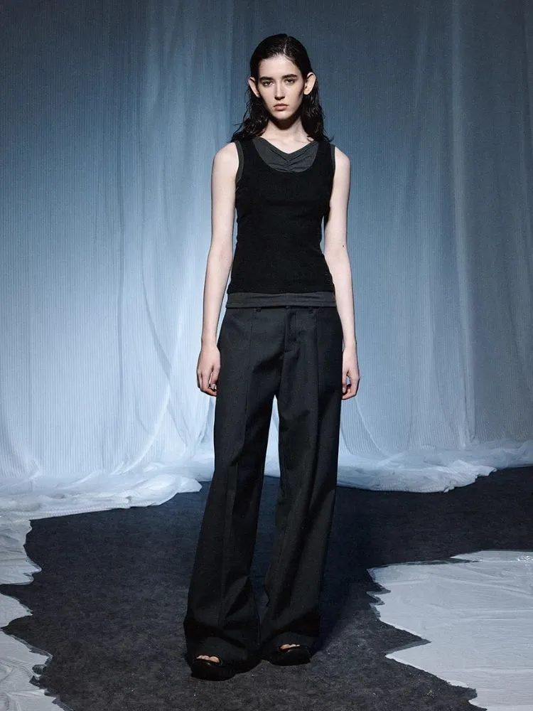 Pleated Embroidered Logo Patchwork False Two Piece Tank Top【s0000007921】