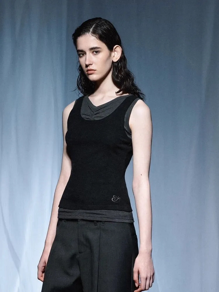 Pleated Embroidered Logo Patchwork False Two Piece Tank Top【s0000007921】