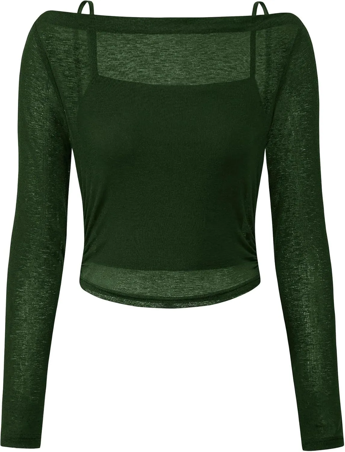 PRETTYGARDEN Women's Long Sleeve Sheer Crop Tops Boat Neck See Through Cover Up with Spaghetti Strap Camisole 2 Piece Blouses