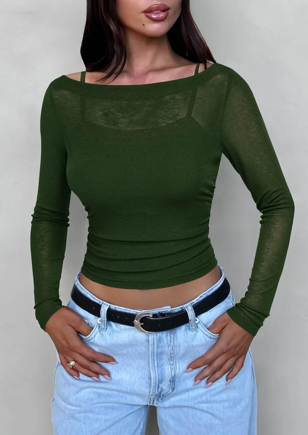 PRETTYGARDEN Women's Long Sleeve Sheer Crop Tops Boat Neck See Through Cover Up with Spaghetti Strap Camisole 2 Piece Blouses