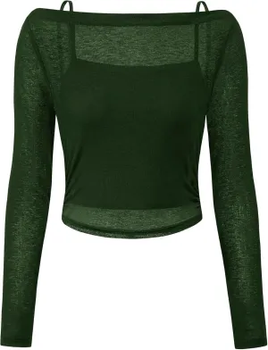 PRETTYGARDEN Women's Long Sleeve Sheer Crop Tops Boat Neck See Through Cover Up with Spaghetti Strap Camisole 2 Piece Blouses