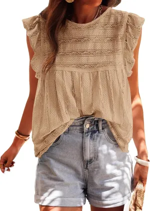PRETTYGARDEN Women's Summer Cute Tank Top Crewneck Ruffle Sleeveless Hollow Out Eyelet Lace Spring Blouse Shirts