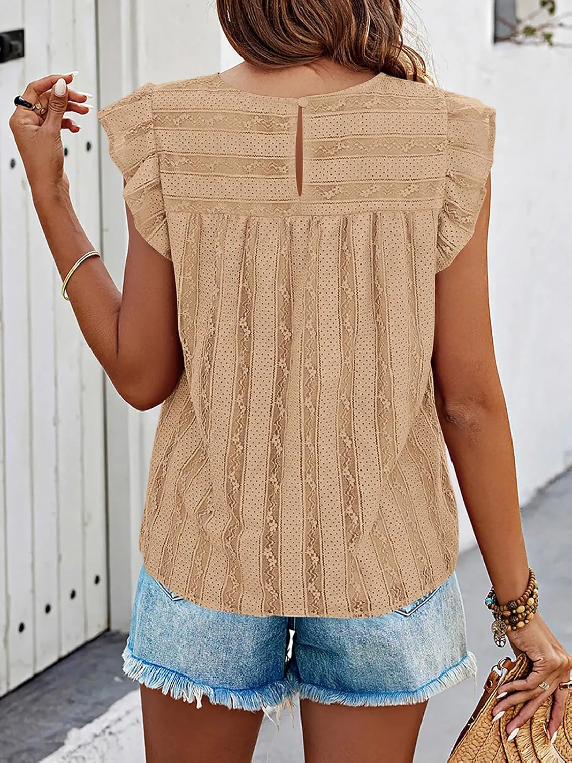PRETTYGARDEN Women's Summer Cute Tank Top Crewneck Ruffle Sleeveless Hollow Out Eyelet Lace Spring Blouse Shirts