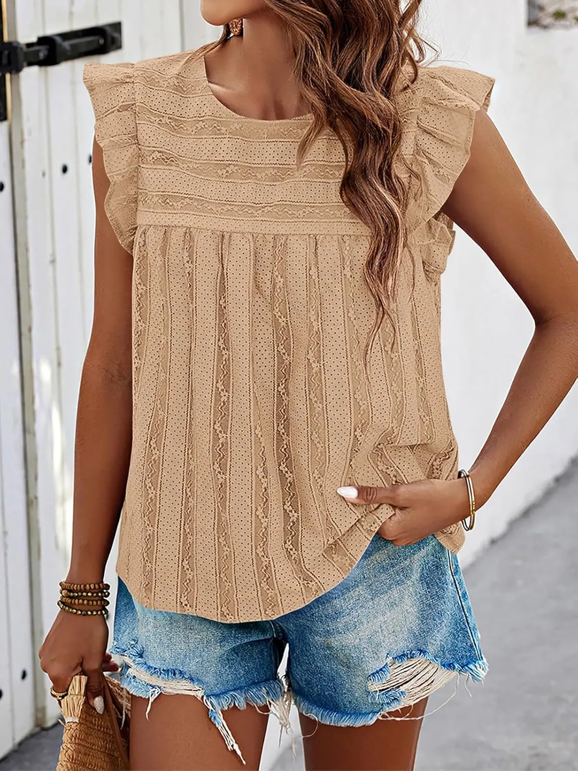 PRETTYGARDEN Women's Summer Cute Tank Top Crewneck Ruffle Sleeveless Hollow Out Eyelet Lace Spring Blouse Shirts