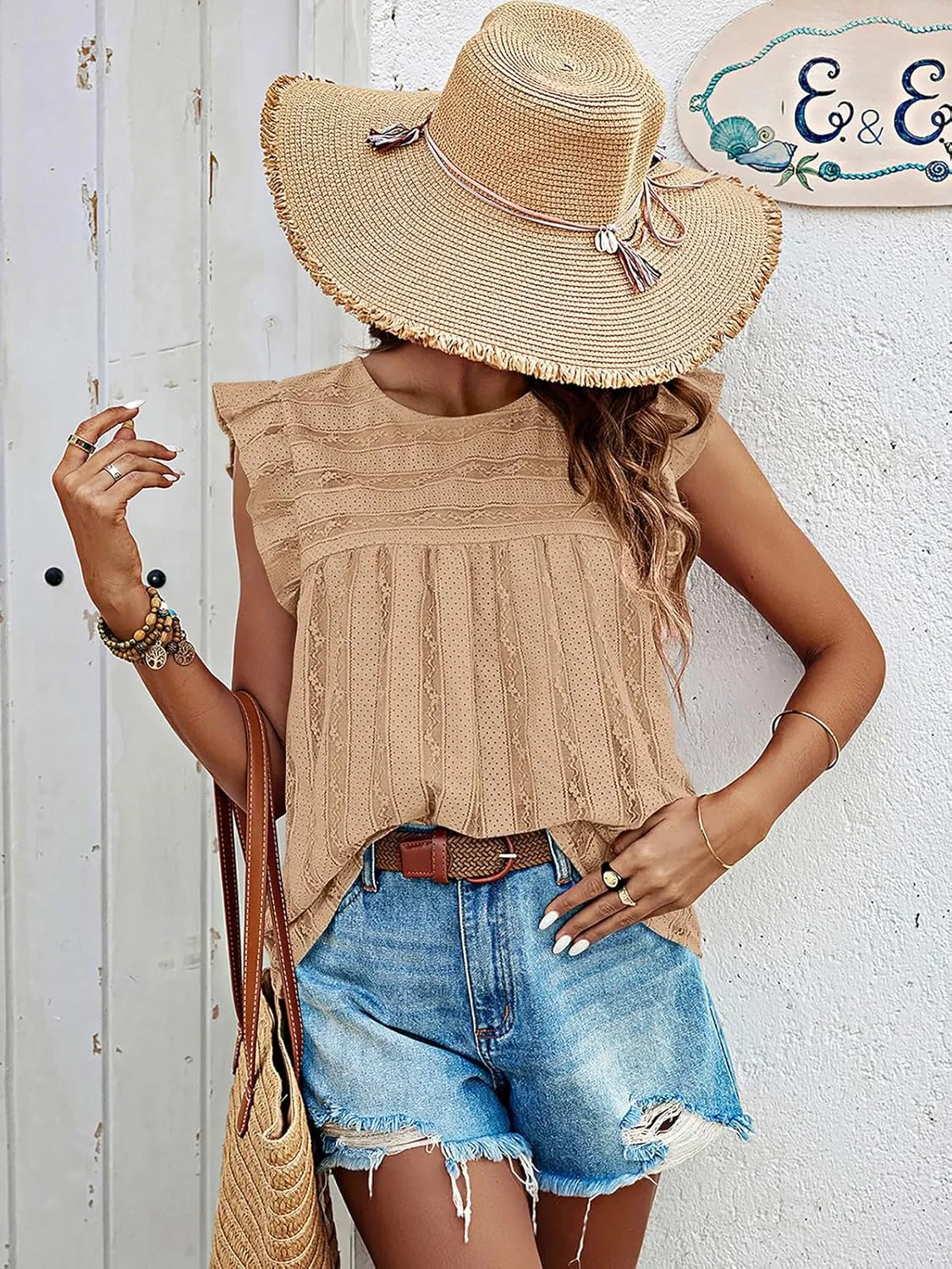 PRETTYGARDEN Women's Summer Cute Tank Top Crewneck Ruffle Sleeveless Hollow Out Eyelet Lace Spring Blouse Shirts