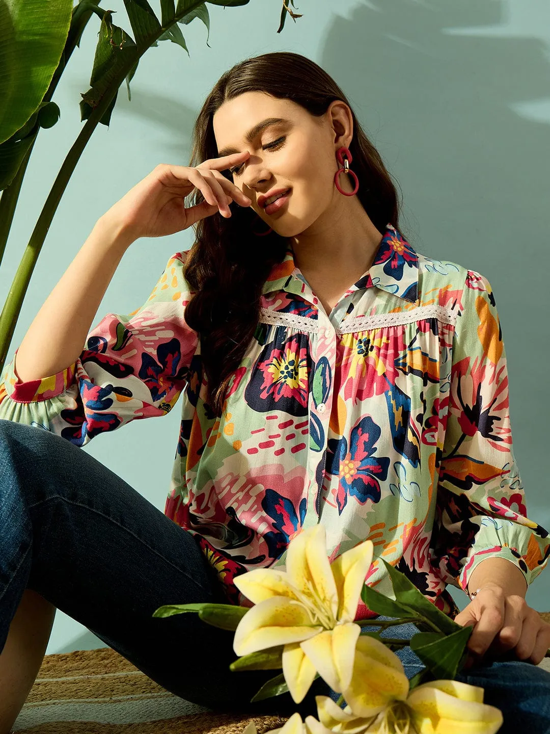 Serene Blue Floral Laced Button Down Shirt