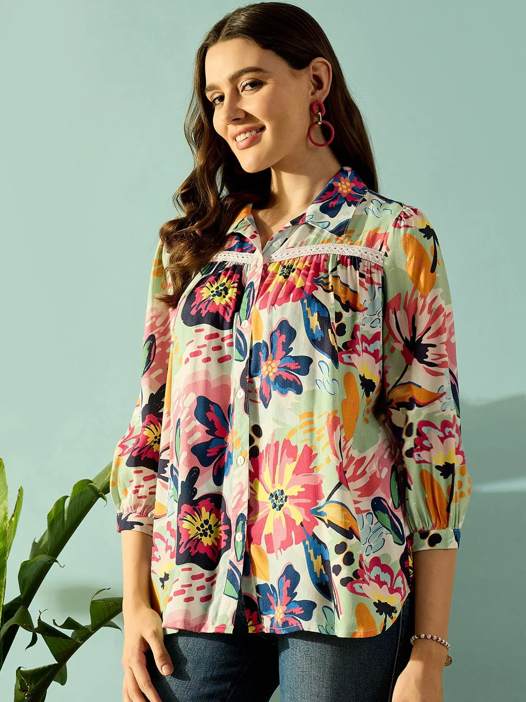 Serene Blue Floral Laced Button Down Shirt